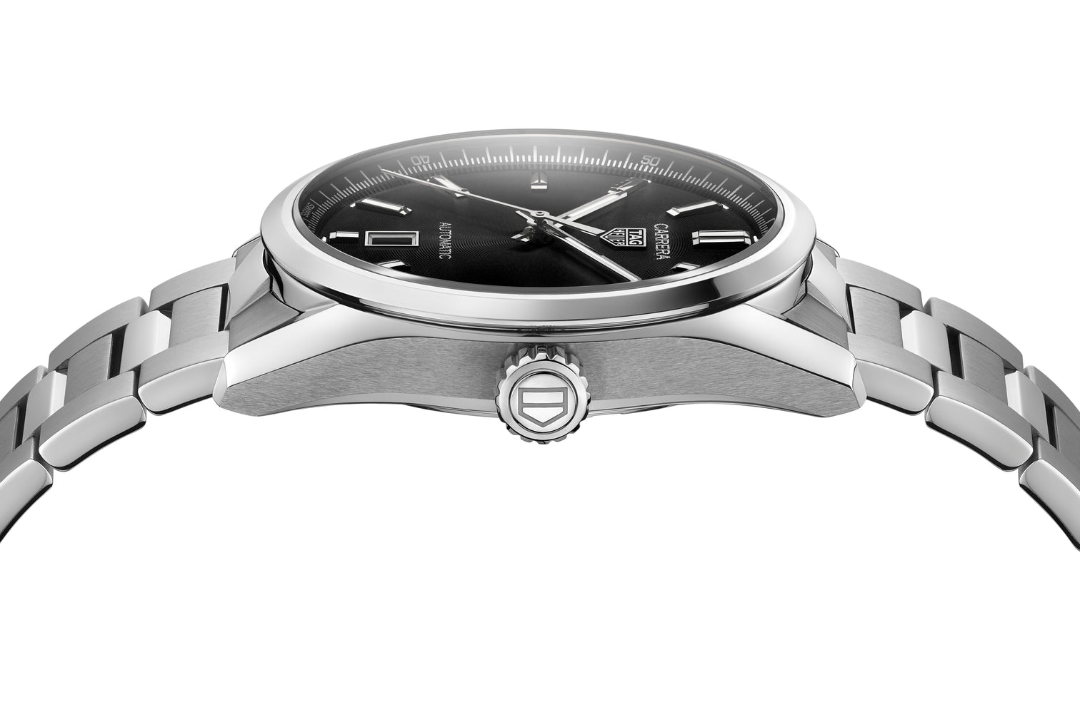 Side view of TAG Heuer Carrera Calibre 5 Automatic Men's Black Dial Watch, 39mm
